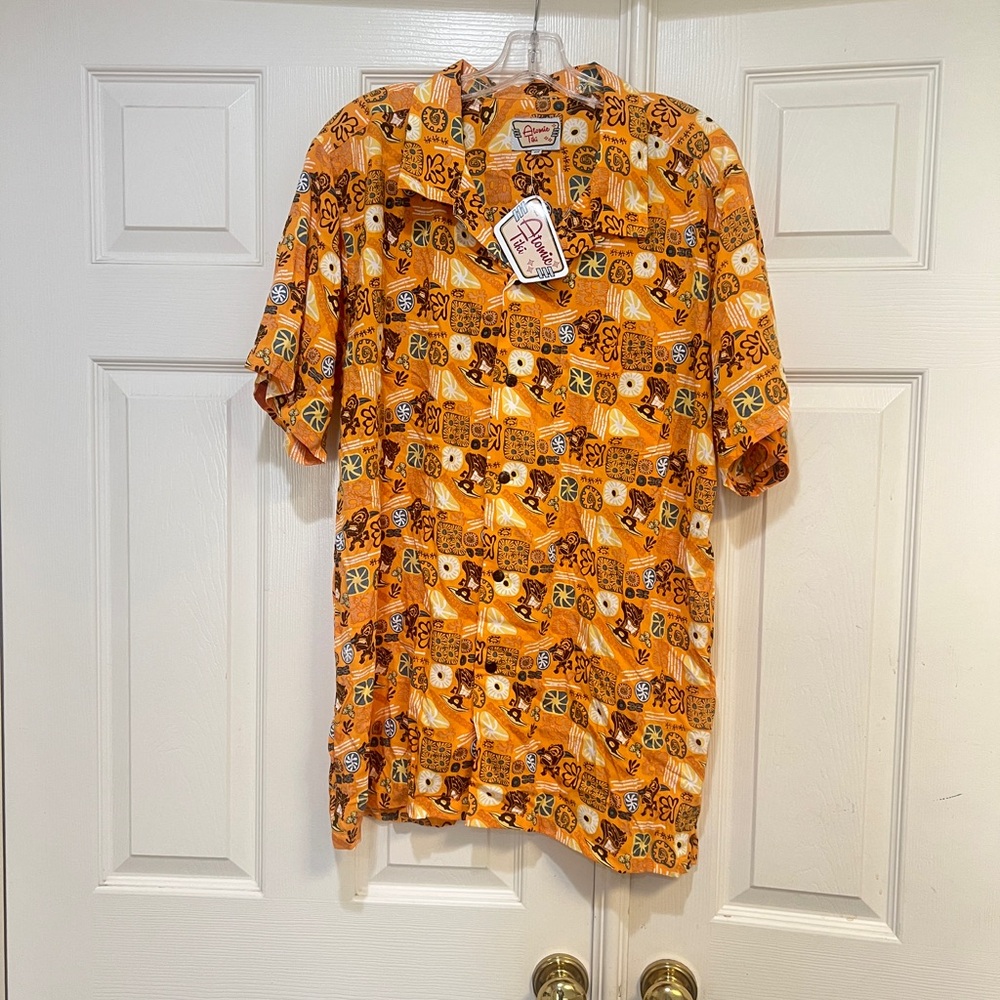 Hawaiian Rayon Shirt Atomic Tiki Print Bright  Yellow Blue Sz XL  Novelty Print‎